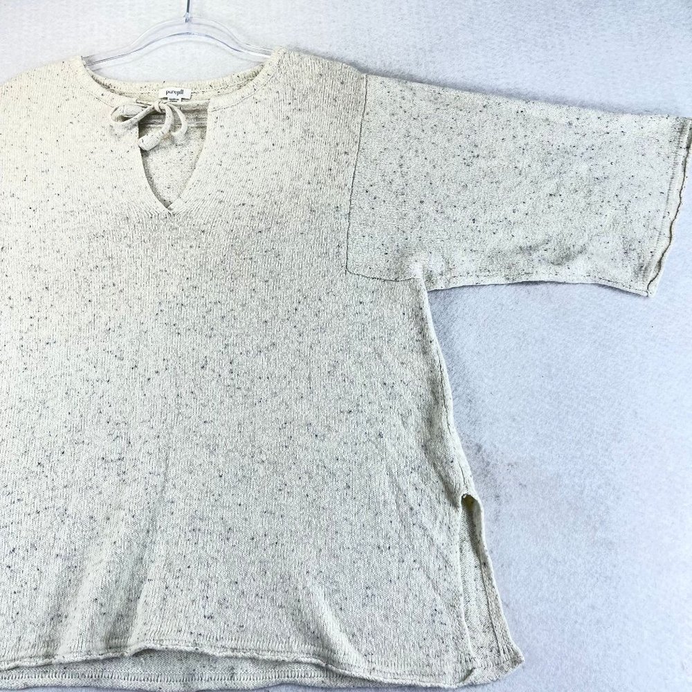 J JILL Pure Jill Women L Beige Cotton Wool Blend Short Sleeve Tie Neck Tunic Top
